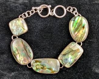 Sterling Silver And Abalone Shell Bracelet, 925 Silver, And Abalone Shell Clip On Earrings, Appear To Be Silver