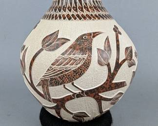 Engraved Bird And Tree Mata Ortiz Style Pottery Vase, Artist Signed "Lupita Quezada", 5.25" Tall x 4.5" Wide