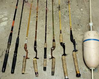 vintage fishing poles including Garcia and other brands