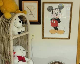 framed art, wicker cabinet, SOX chair, vintage Pooh and other bears
