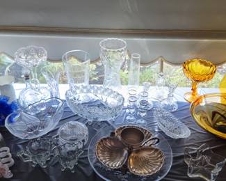 Glassware, blue glass, amber glassware and bowl
