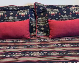 Queen bed + linens from fabric from the Museum of New Mexico collection