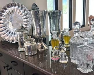 Silver plate platter, glass hurricanes, crystal decanters