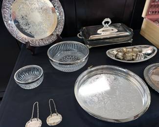 Silver plate trays + cut crystal bowls