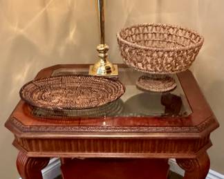 Glass Top Wooden End Table • Lamp