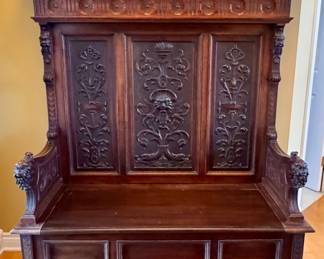 Antique 19th Century Gothic Renaissance Style Oak High Back Bench