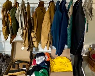 Fishing/Hunting Bibs & Jackets • Fishing Nets • Rubber Boots • Brand New Duck Boots • Vintage Caps • Rain Slicker