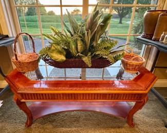 Glass Top Wooden Coffee Table • Baskets • Decorative Plants