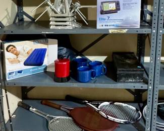 Minnow Bucket • Diet Pepsi Bucket Seat • Jack Stand Set • Lawrence Elite 7 Fish Finder System • Blow Up Mattress • Camping Cups • Vintage Tennis Racquets • Electrical Extension Cords • Construction Hat • Deer Stand Seat