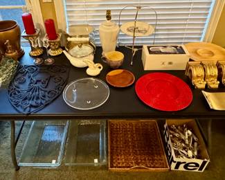 Misc. Plates • Candles on Holders • Lamp • Serving Tray w/ Handles • Box of Electric Candles • Soap Dispenser • Wall Decor