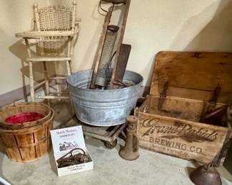 Antique High Chair • Large Galvenized Tub • Apple Baskets • Steel Small Game Traps • Vintage Seed Planters • Beer Crate