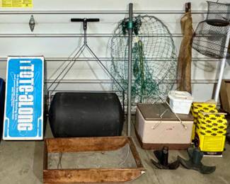 Tote-Along Camping Water Cooler • Lawn Roller • Large Fish Net • Vintage Coleman Cooler • Boat Anchors • Minnow Net • Minnow Basket