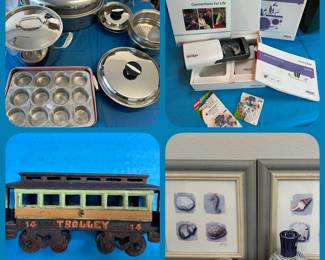 Carico Cookware, Vintage Cast Iron Trolley Car,  Oticon Auto Hearing Aids & Batteries, Decor