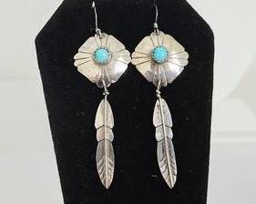 Vintage Native American Sterling Silver with Turquoise Shield with Feather Design Dangle Earrings