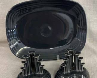 FIESTA, 3 PC Rectangular Serving Platter Pyramid Candle Holder Pair Set, Slate