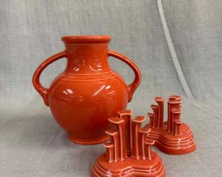 FIESTA, 3 PC Millennium I TwoHandled Vase Pyramid Candle Holder Pair Set, Persimmon