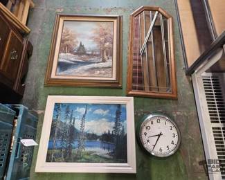 6372 2 Framed Forest Paintings, Mirror Wall Clock