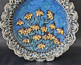 Signed Pottery Bowl Blue w/ Yellow Flower & Scroll