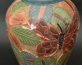 Carved & Painted Pottery Vase w/ Butterfly & Fauna