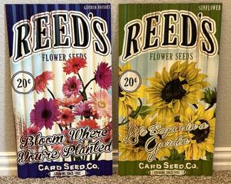 2- Flower Seed Ad Signs on Corrugated Metal Panels