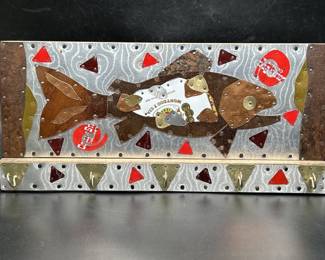 Metal Applique Folk Art Fish Plaque w/ 5 Hooks