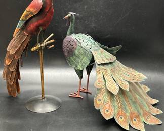 (2) Metal Art Sculptures: Peacock & Parrot