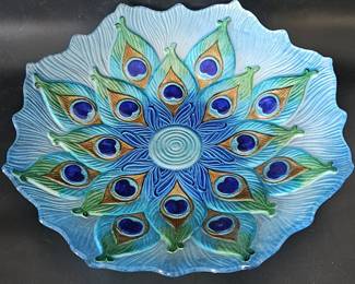 Blue Peacock Art Glass Shallow Centerpiece Bowl