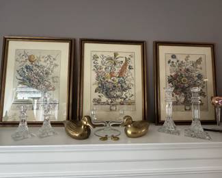 set of 3 framed prints of hand colored etching of monthly calender by Robert Furber - February, November and December