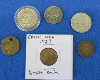 Lot 410. Coin grab bag including 1907 Indian Head penny and a silver war nickel