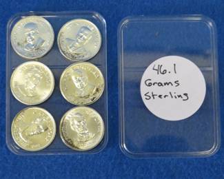 Lot 247. Six Franklin Mint commemorative sterling silver Presidential medallions. 46.1 grams total