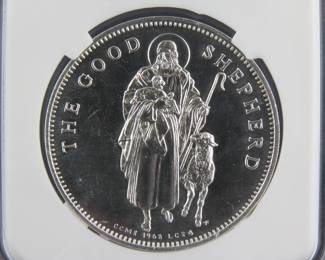 Lot 81. Franklin Mint Postmasters of America The Good Shepherd sterling silver round weighing 26.0 grams