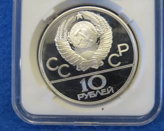 Lot 295. USSR 1980 Olympic 10 Ruble coin contains .999 silver and weighs .96 oz. Notwithstanding the label, minted in the USSR.