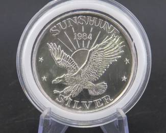 Lot 122. 1984 Sunshine Mining round. One ounce of .999 fine silver.