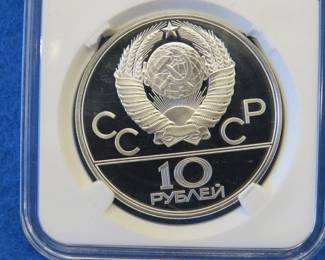 Lot 293. USSR 1980 Olympic 10 Ruble coin contains .999 silver and weighs .96 oz. Notwithstanding the label, minted in the USSR.
