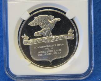 Lot 398. Franklin Mint Postmasters of America 1972 sterling silver round weighing 24.9 grams