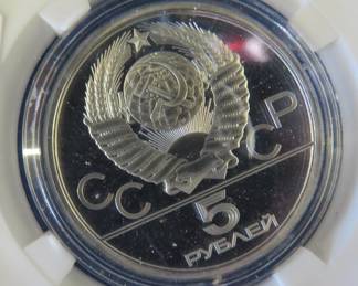 Lot 253. USSR 1980 Olympic 10 Ruble coin contains 90% silver and weighs .48 oz. Notwithstanding the label, Minted in the USSR