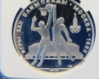 Lot 250. USSR 1980 Olympic 10 Ruble coin contains 90% silver and weighs .96 oz. Notwithstanding the label, minted in the USSR.