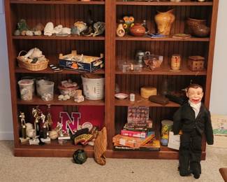 Bookcases with misc....and Charlie McCarthy!