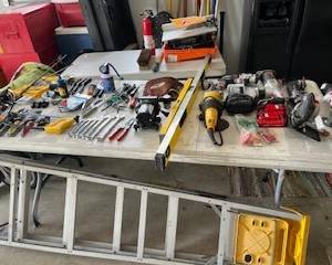 Tools, ladders, tile saw, coolers