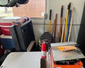 Corn hole, Yard tools, brooms, shovels