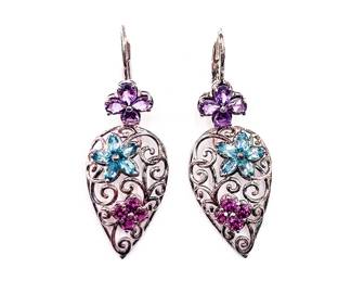 Sterling Silver Floral Drop Earrings with Gemstones