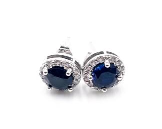 925 Sterling Silver CZ Halo Stud Earrings with Dark Blue Stones