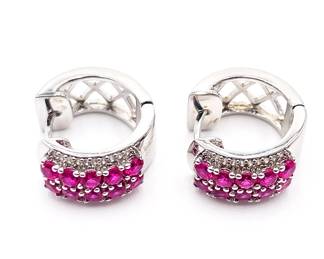 Sterling Silver 925 BBJ Hoop Earrings with Pink Stones
