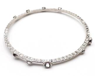 Textured Silver Bangle Bracelet with Rhinestones