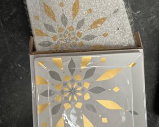 Set of 4 Square Appetizer Plates with Gold and Gray Design