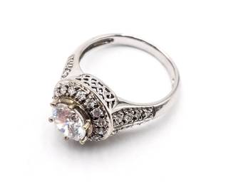 MEDA 14K White Gold Ring with Round CZ Center Stone and Pave Accents