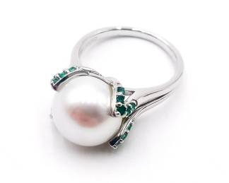 Silver Ring with Pearl and Green Gem Accents