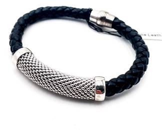 Braided Black Genuine Leather Bracelet With Metal Accent