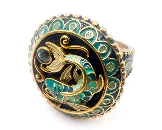 925 Bronze Ring with Green Enameled Fish Design Size 6.5