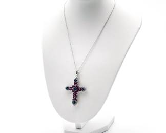 DK 925 Sterling Silver Necklace with Gem-Set Cross Pendant